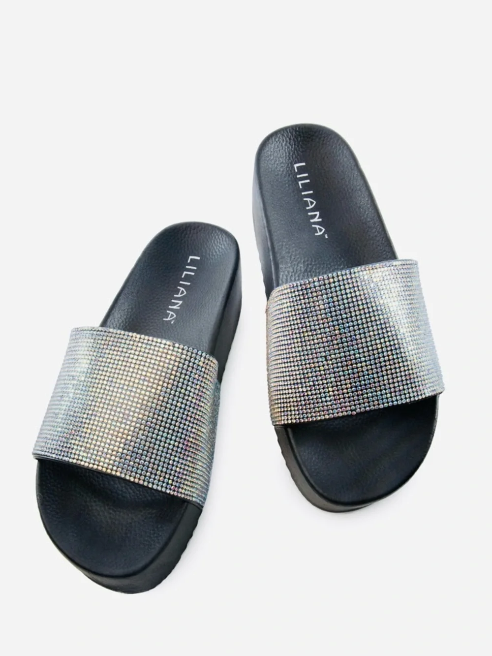 LILIANA ISSY-1 Black Holographic Rhinestone Platform Sandals